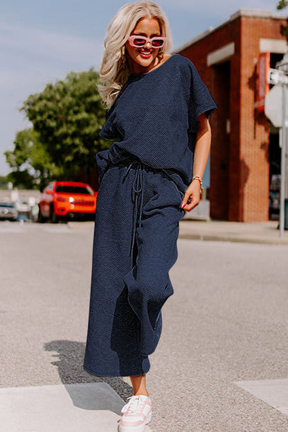 Textured Loose Fit T Shirt And Drawstring Pants Set | Navy Blue