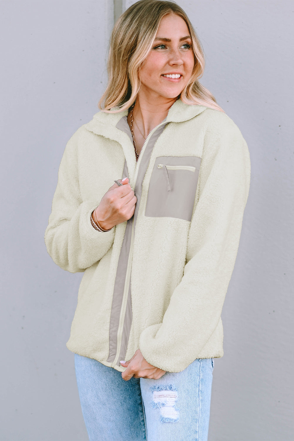 Chest Pocket Full Zipper Fuzzy Fleece Jacket | White