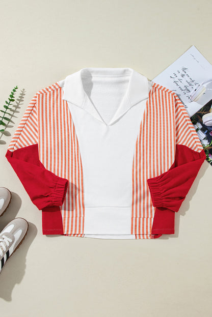 Striped Colour Block Collared V Neck Oversized Sweatshirt | White