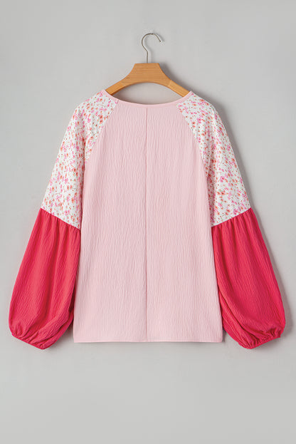 Contrast Floral Patchwork Long Sleeve Plus Size Blouse | Pink