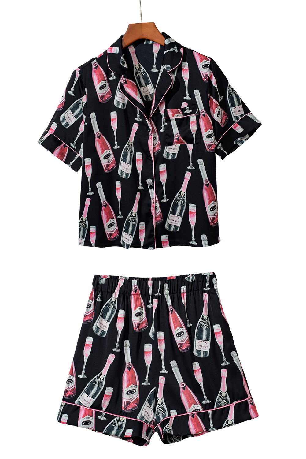 Champagne Print Silky Short Sleeve Pajamas Set | Black