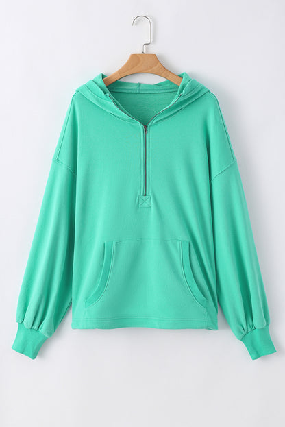 Solid Kangaroo Pocket Half Zipper Oversized Hoodie | Aruba Blue