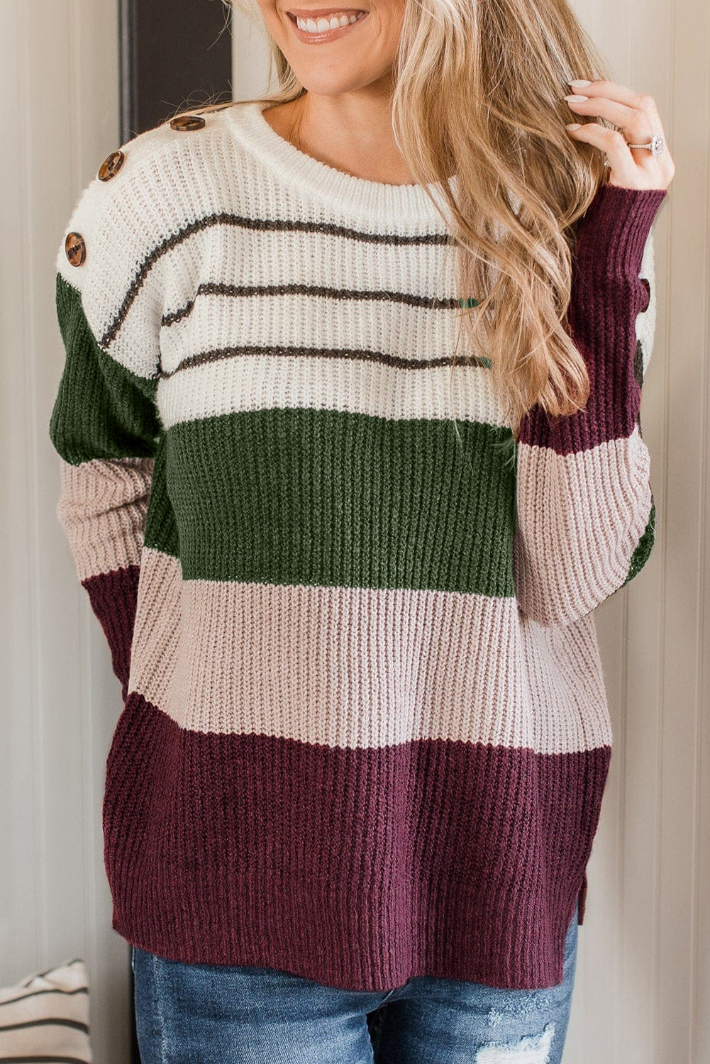 Colour Block Striped Buttoned Shoulder Split Sweater | Green