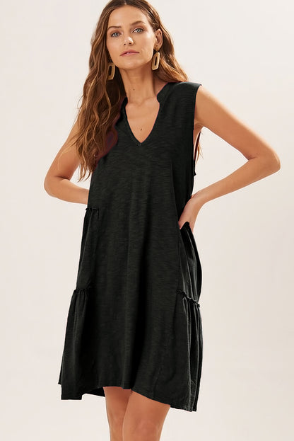 Split V Neck Tiered Flowy Sleeveless Dress | Black