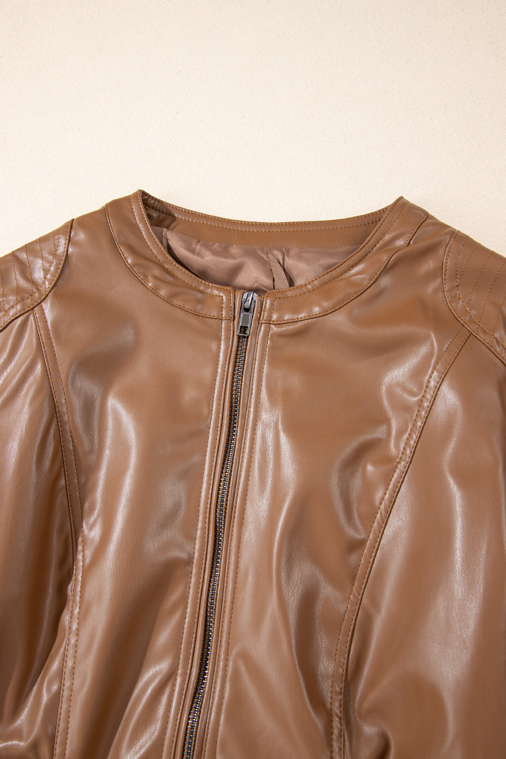 Solid Faux Leather Zipper Slim Fit Bomber Jacket | Chestnut