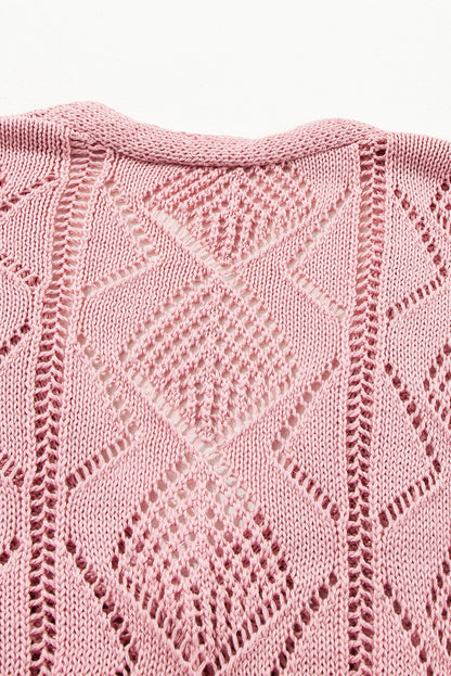 Open Knit Button-Up Plus Size Cardigan | Pink