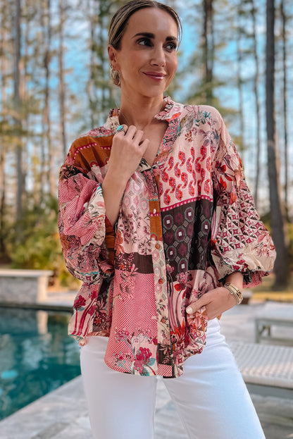 Boho Geometric Mixed Print Patchwork Bubble Sleeve Shirt | Red