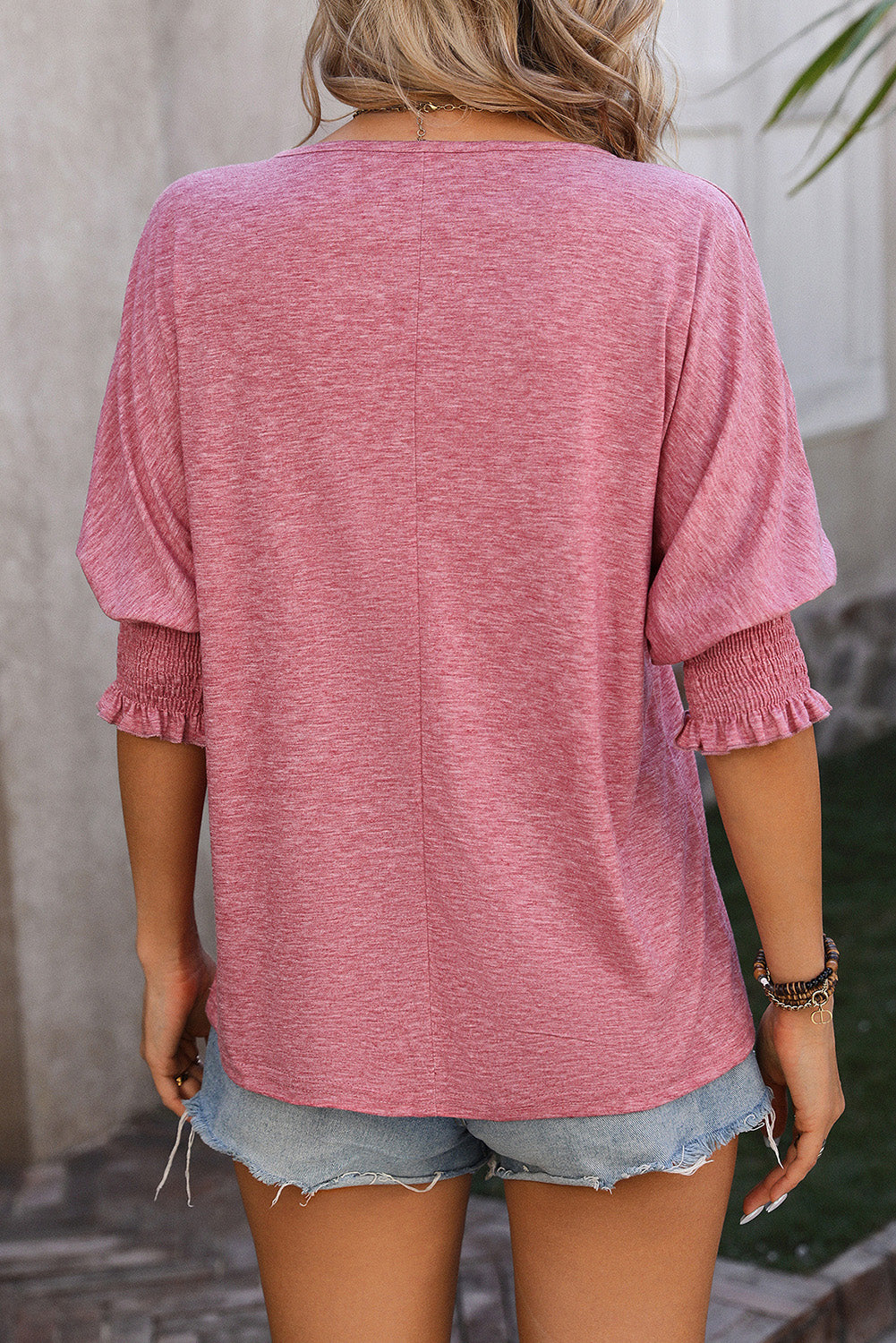 Smocked Puff Sleeve Notched Neck T Shirt | Rose Tan