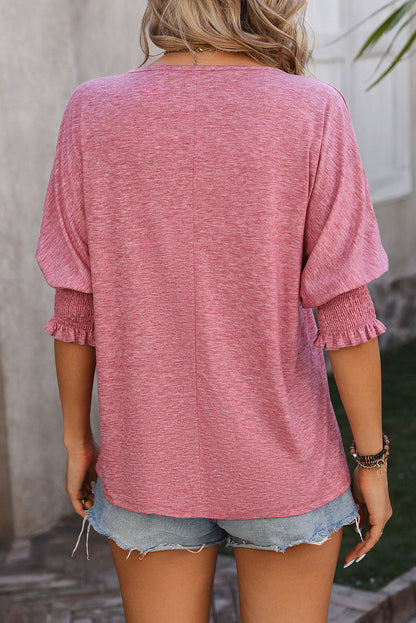 Smocked Puff Sleeve Notched Neck T Shirt | Rose Tan