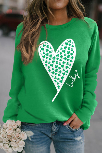 Green Lucky Clover Heart Graphic Raglan Sleeve Sweatshirt