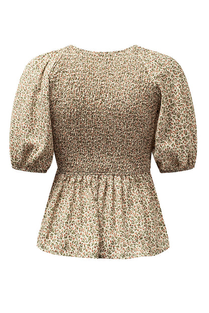 Floral Print Puff Sleeve Smocked Top | Green