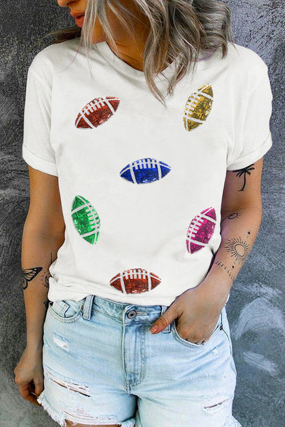 Sequin Rugby Football Pattern Crewneck T Shirt | White