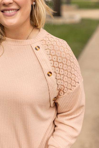 Plus Size Lace Patchwork Buttons Waffle Knit Top | Beige