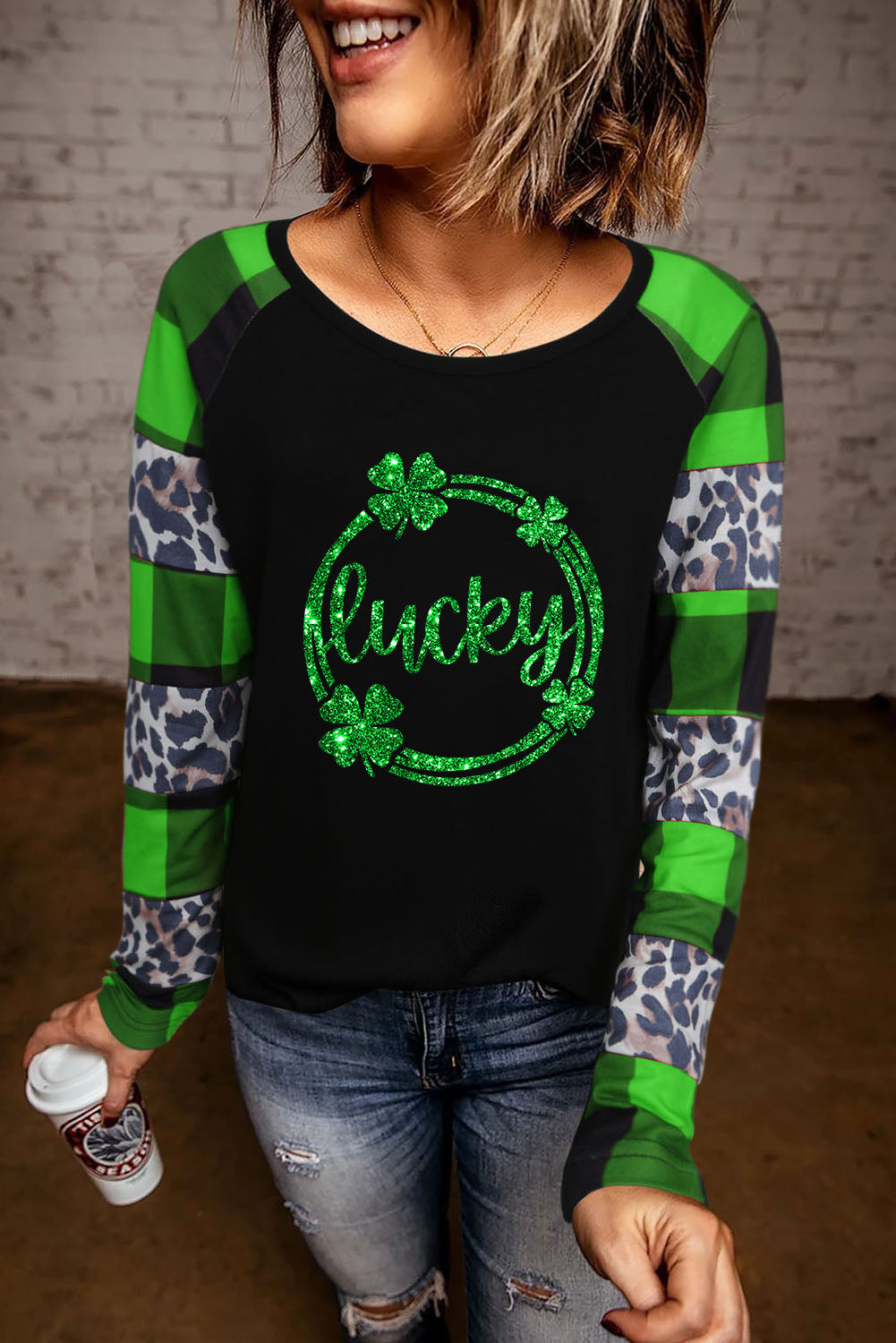 Lucky Clover Graphic Leopard Plaid Long Sleeve Top | Green