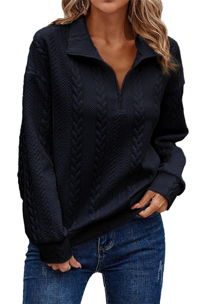 Zip Up Cable Textured Sweatshirt | Navy Blue