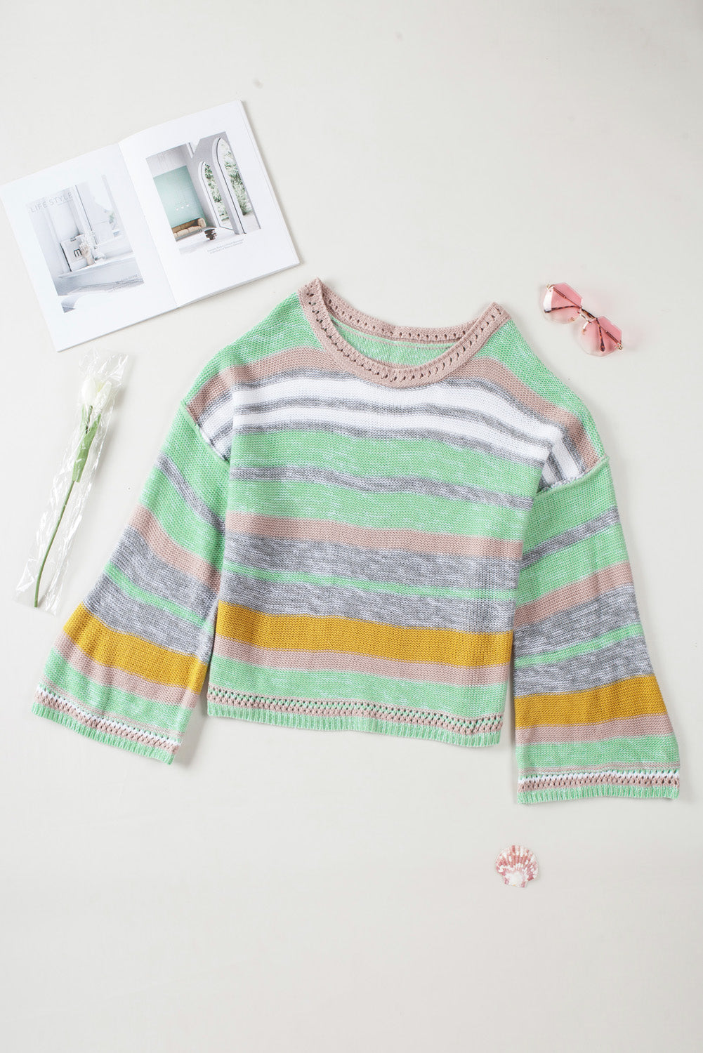 Striped Bell Sleeves Loose Sweater | Green