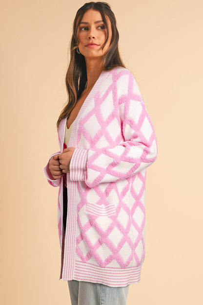 Rhombus Pattern Knit Open Front Pocketed Cardigans | Pink