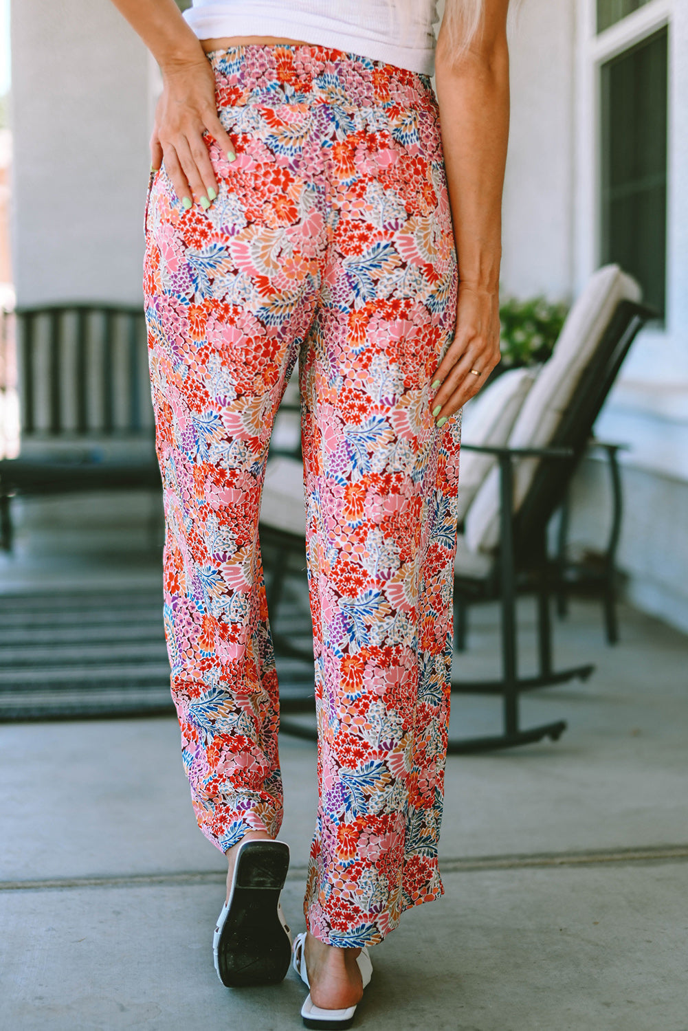 Fiery  Gorgeous Print Drawstring Smocked High Waist Pants | Red