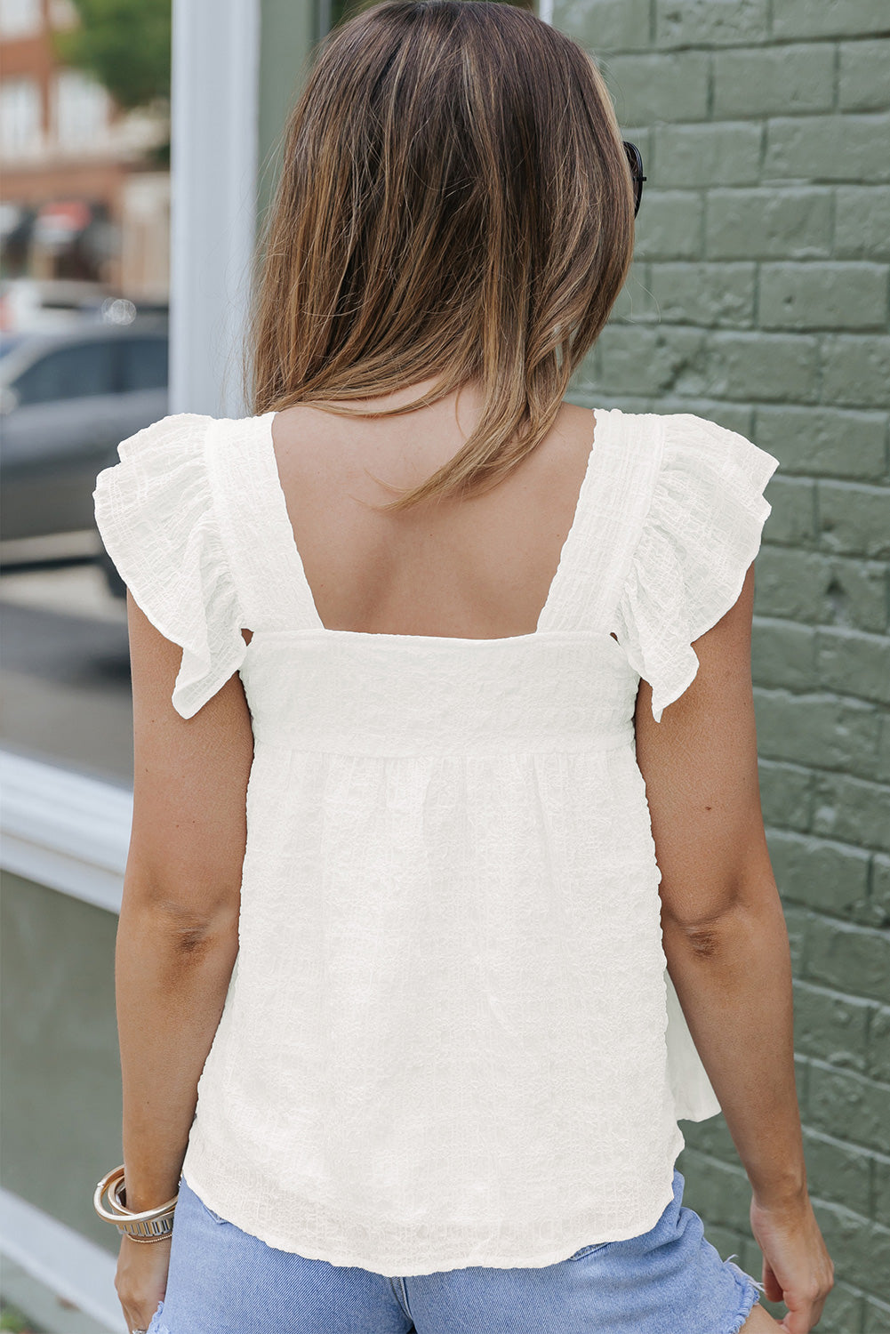 Square Neck Textured Flowy Tank Top | White