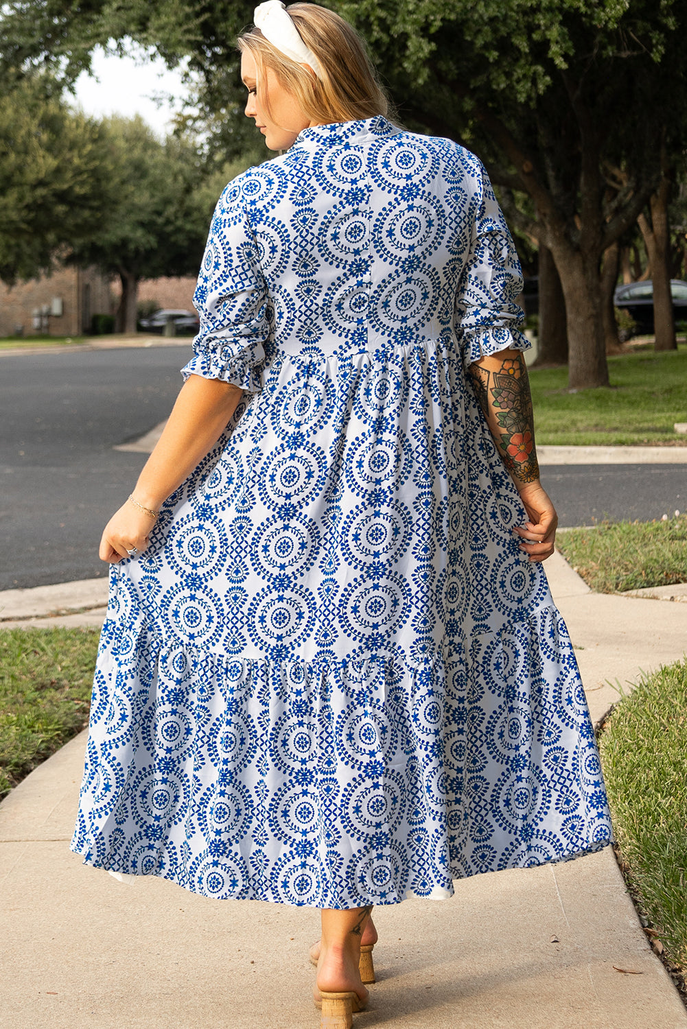 Geometric Print Lace-Up Notch Neck Plus Size Maxi Dress | Sky Blue