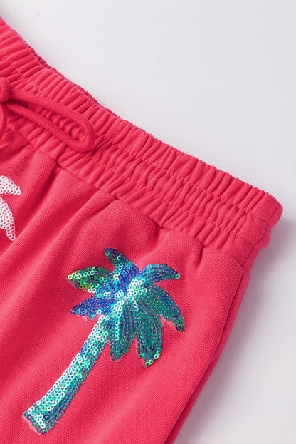 Two Piece Sequin Palm Trees Summer Short Set | Strawberry Pink