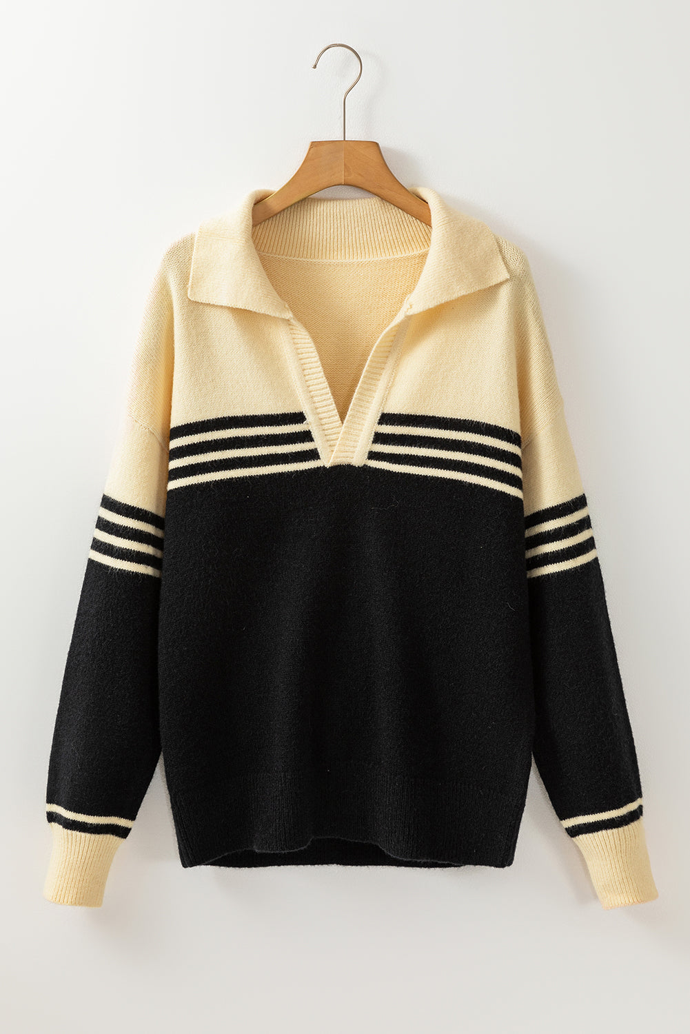 Colourblock Stripe Collared V Neck Sweater | Black