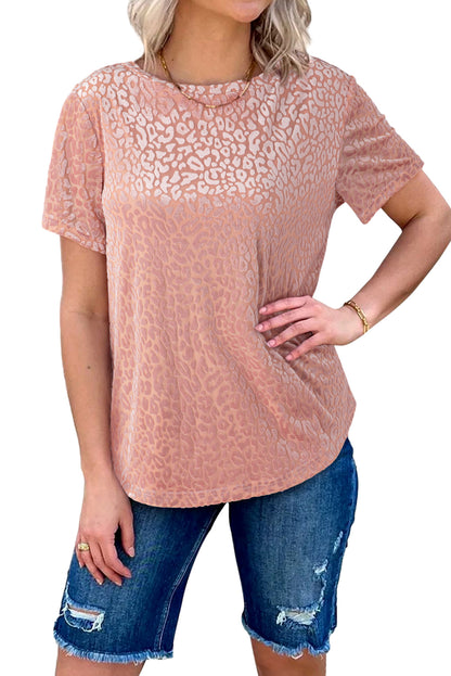 Burnout Velvet Leopard Print Short Sleeve Top | Pink