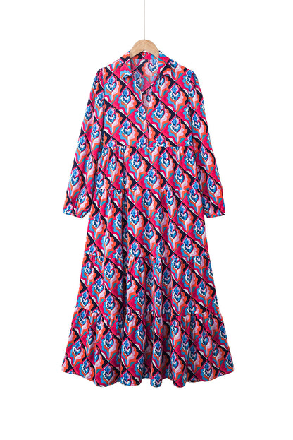 Abstract Geometric Print Long Sleeve High Waist Dress | Multicolour