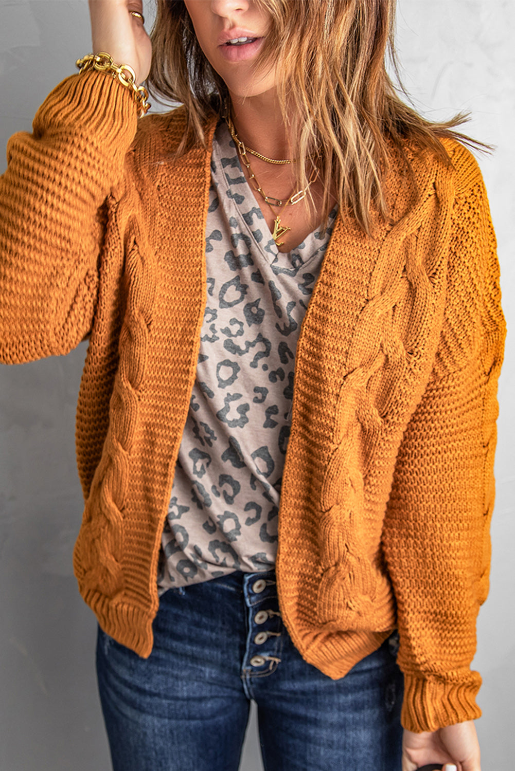 Khaki Chunky Wide Long Sleeve Knit Cardigan | Yellow Brown