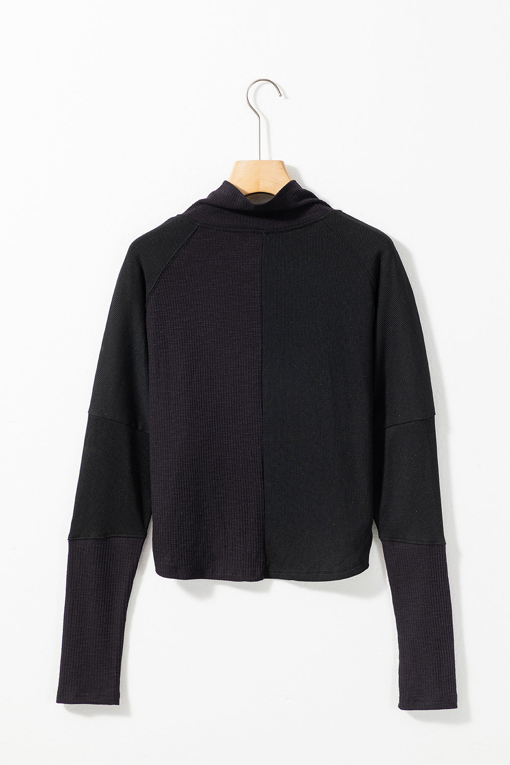 Ribbed Knit Snap Button Long Sleeve Top | Black