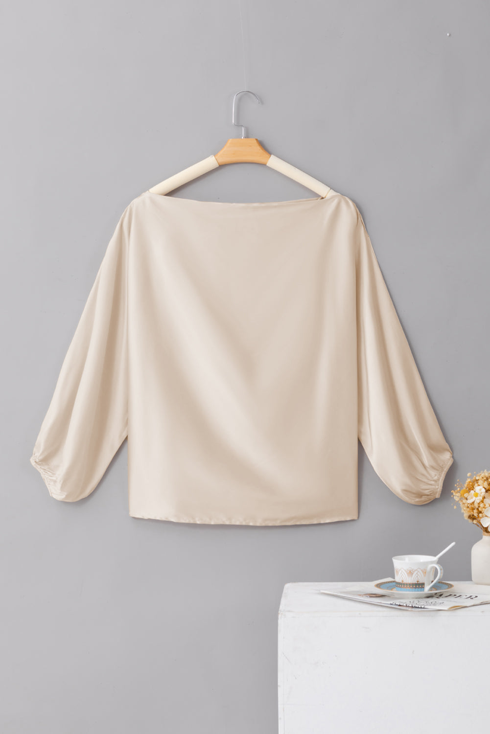 Asymmetrical Neck Balloon Sleeve Satin Blouse | Apricot