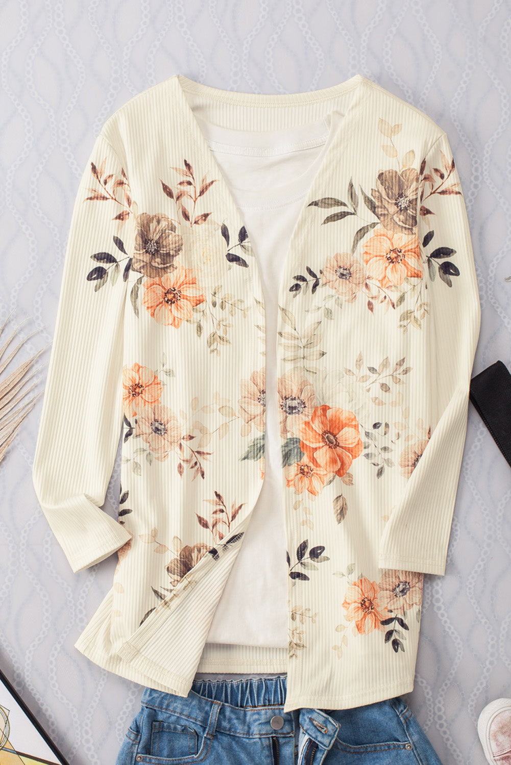 Floral Print Ribbed Knit Slim Fit Cardigan | Apricot