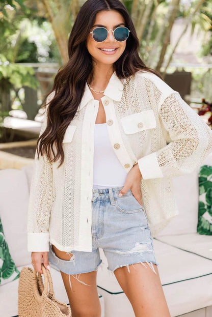 Lace See-Through Button Collared Shacket | Beige