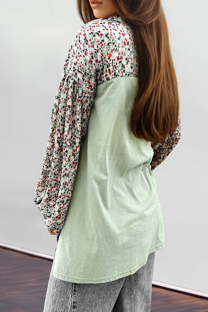 Contrast Printed Bubble Sleeve Henley Loose Top With Slits | Meadow Mist Green