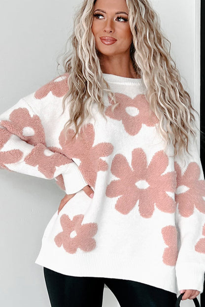 Textured Flower Drop Shoulder Loose Sweater | White