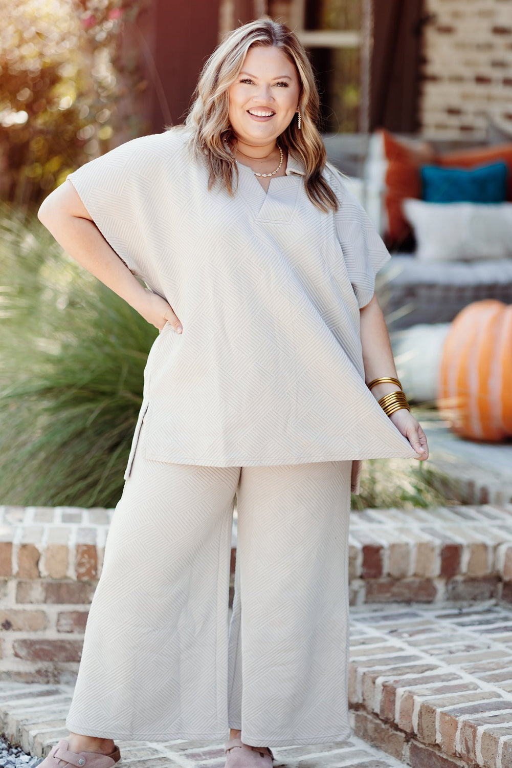 Plus Size Textured Collared Top And Pants Set | Beige