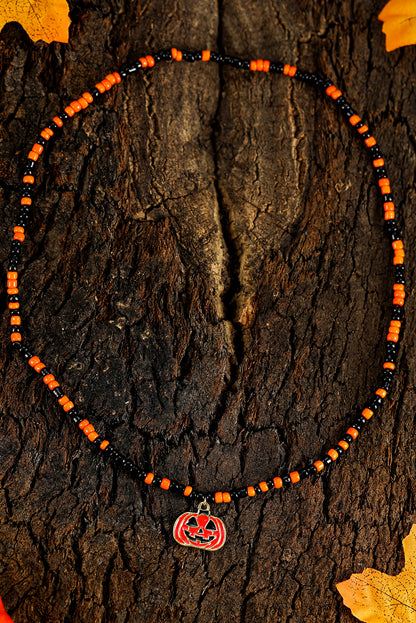 Pumpkin Face Pendant Rice Beaded Halloween Necklace | Orange