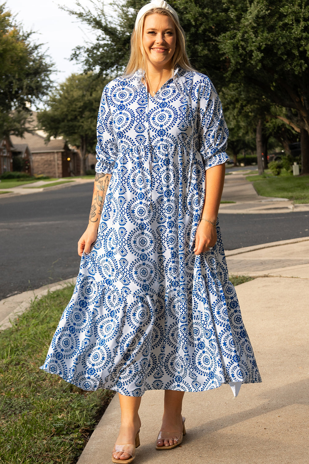 Geometric Print Lace-Up Notch Neck Plus Size Maxi Dress | Sky Blue