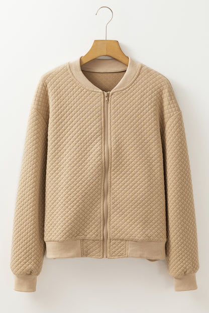 Solid Geometric Textured Baseball Collar Jacket | Pale Khaki