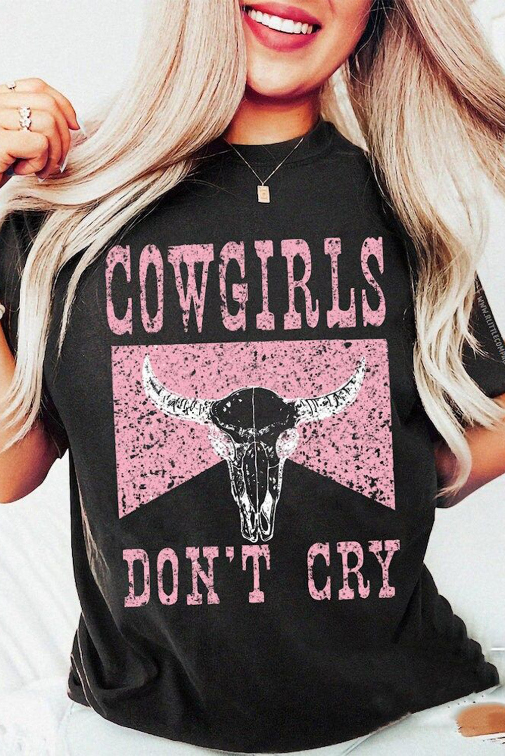 Black COWGIRL DONT CRY Steer Head Print Short Sleeve Top