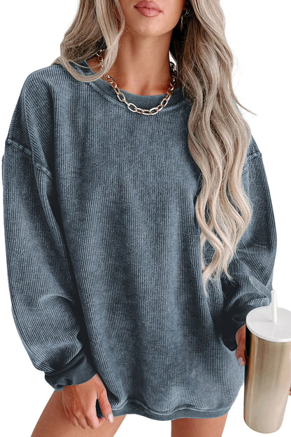 Solid Ribbed Knit Round Neck Pullover Sweatshirt | Blue