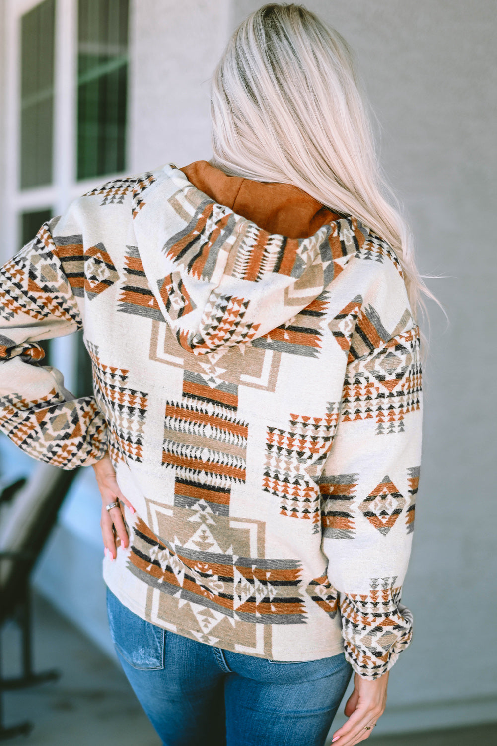 Aztec Print Kangaroo Pocket Half-Zip Hoodie | Beige