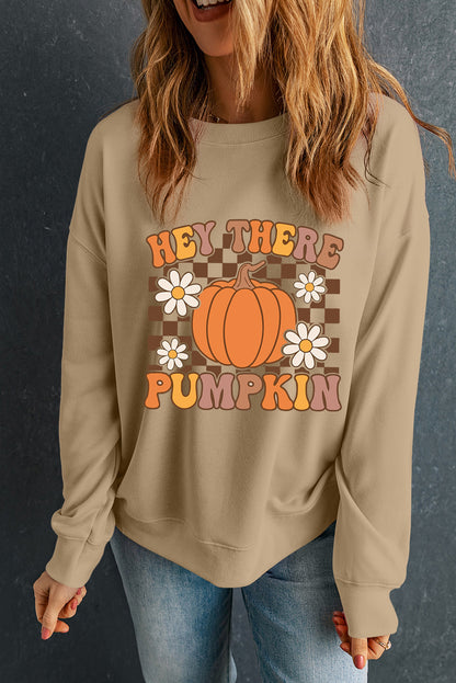 Floral Checkered Pumpkin Graphic Drop Shoulder Thanksgiving Sweatshirt | Khaki