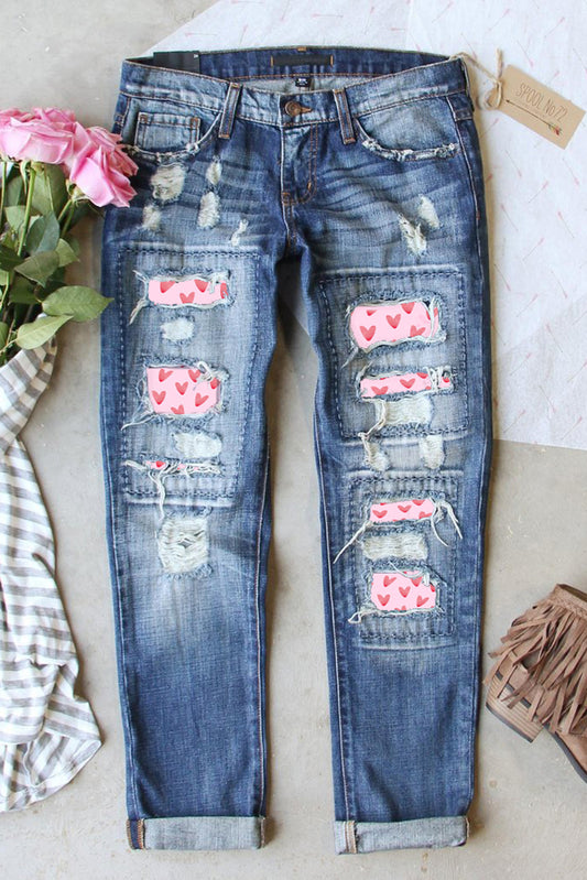 Sky Blue Valentines Day Heart Patchwork Jeans