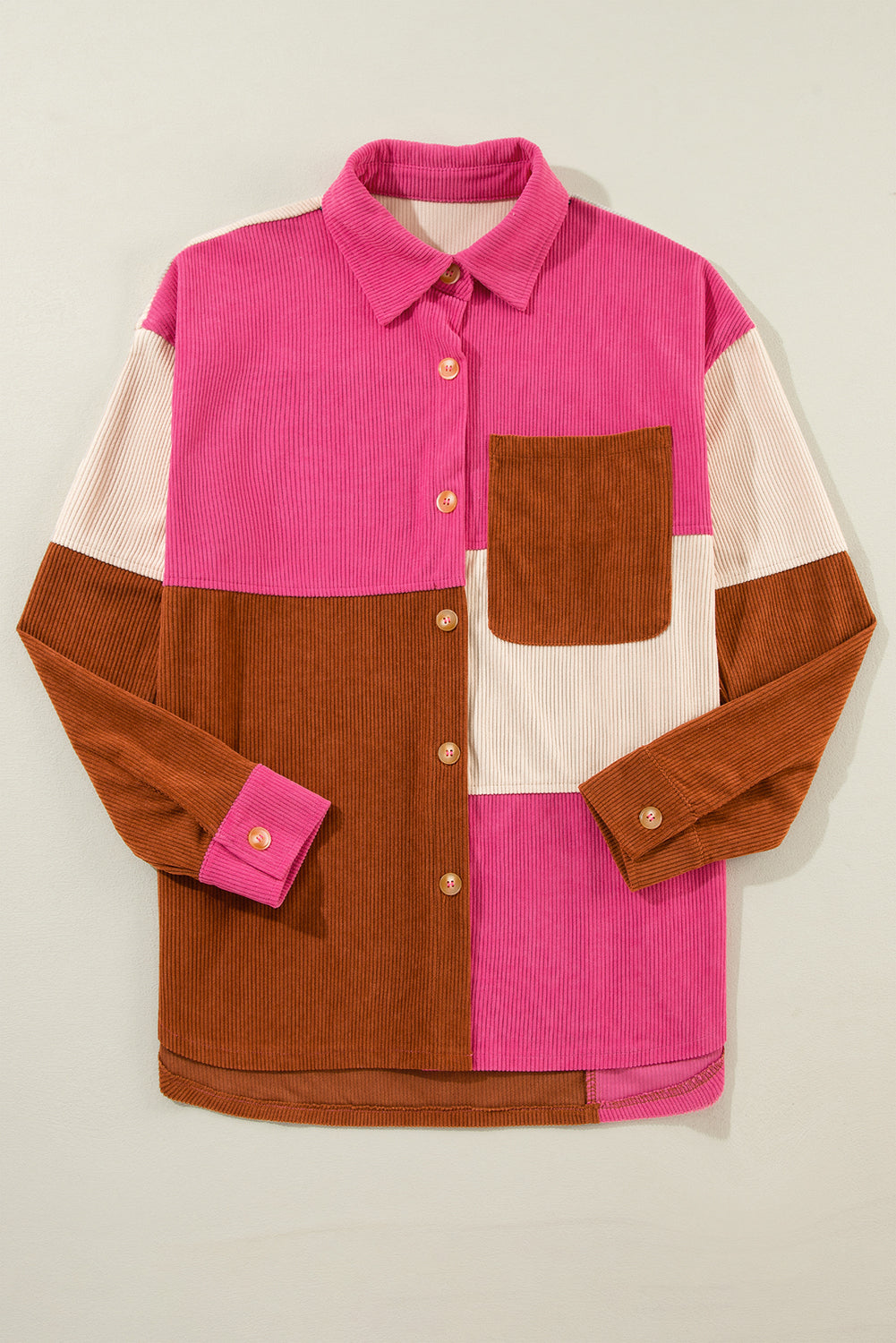 Colourblock Curved Hem Corduroy Shacket With Pocket | Rose Red