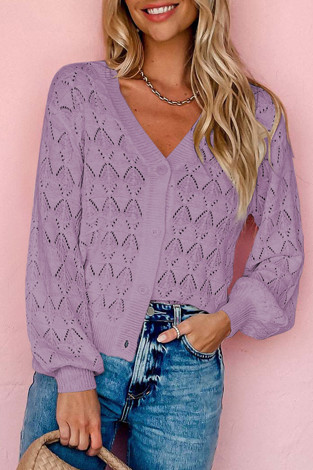 Purple Lightweight Buttoned Front Crochet Cardigan