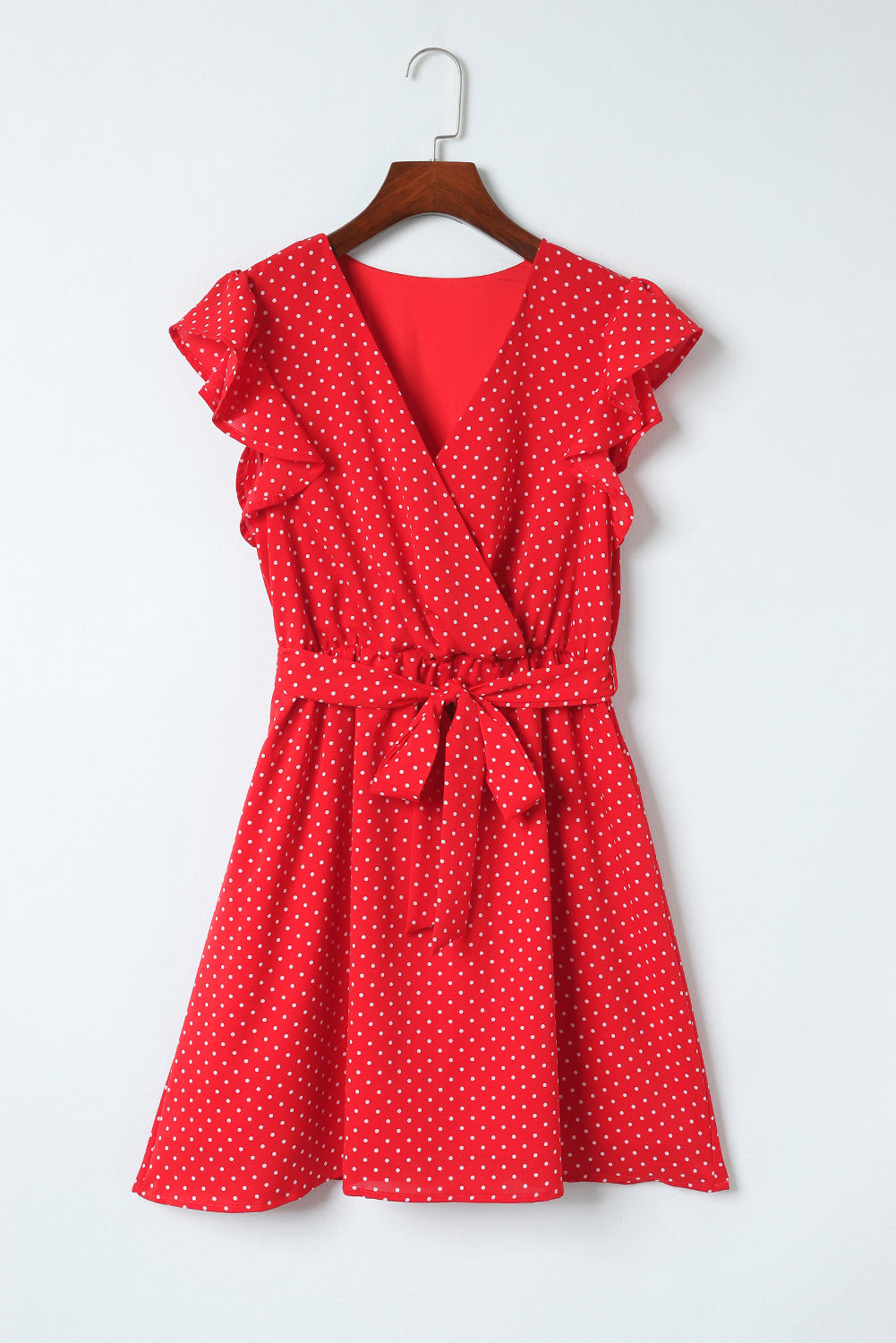 Fiery  Polka Dot V Neck Ruffle Sleeve Dress | Red