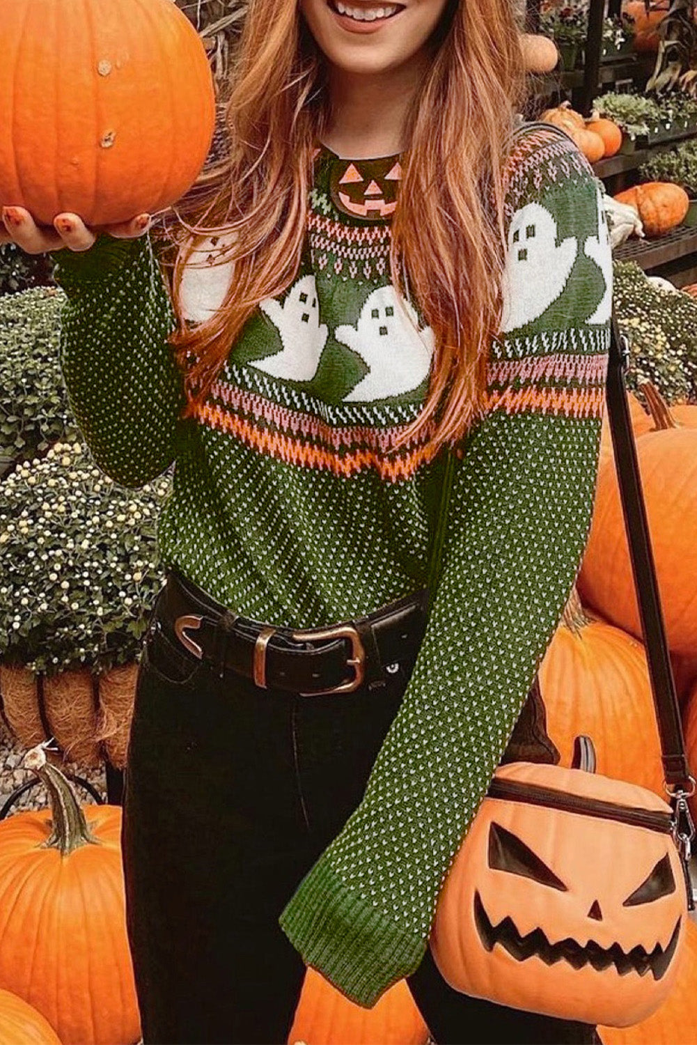 Halloween Ghost Pattern Drop Shoulder Sweater | Jungle Green