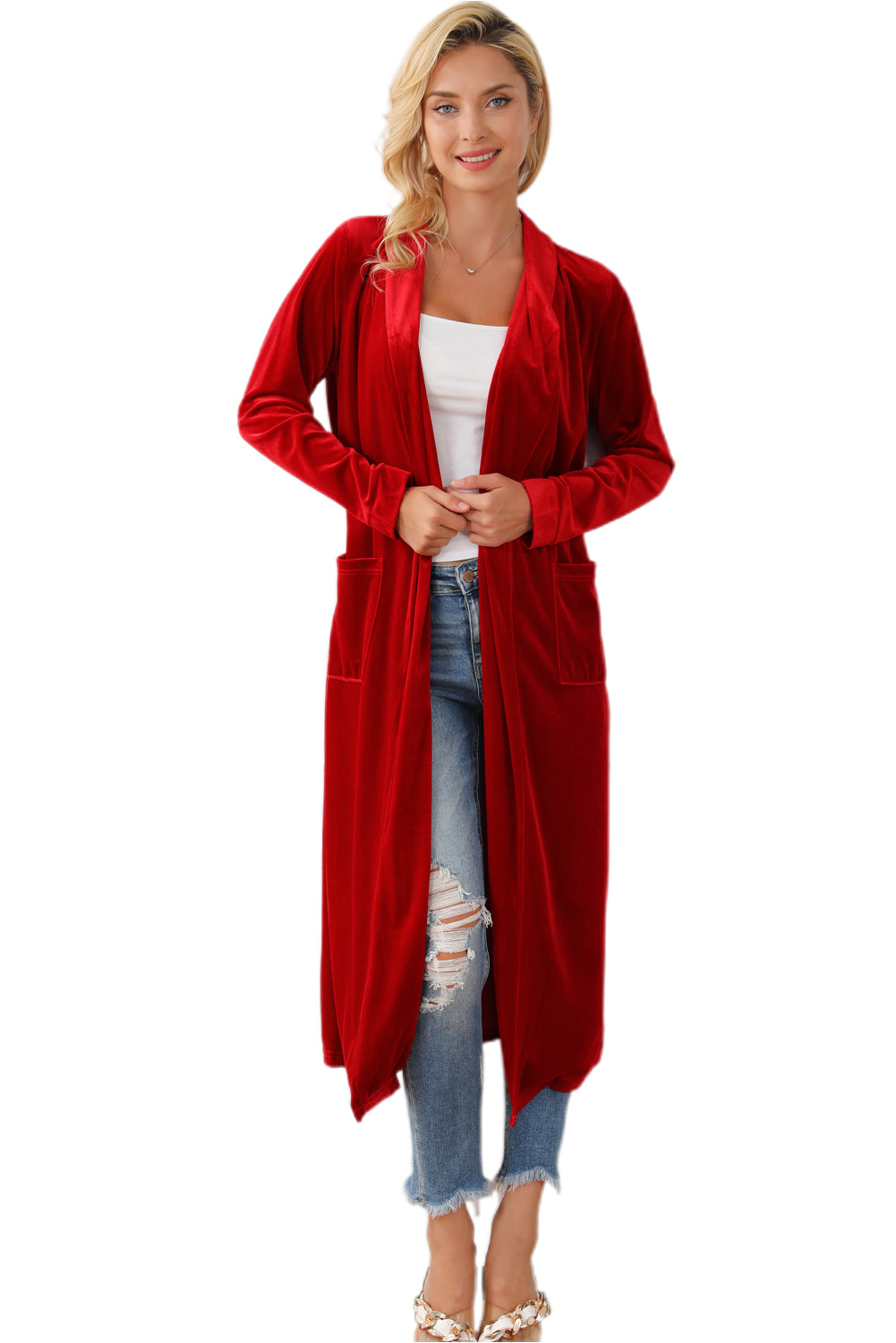 Fiery  Velvet Open Front Pocketed Long Duster | Red