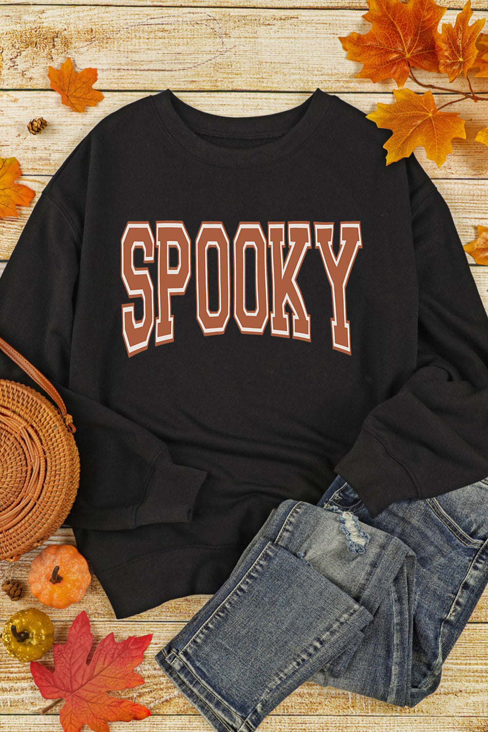 Spooky Graphic Drop Shoulder Halloween Pullover Sweatshirt | Black